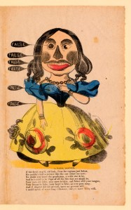 Comic valentine showing woman, whose eyes, nose, teeth, breasts, etc are annotated 'false' with corresponding verse