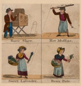 print showing raree show and sellers of hot muffins, sweet lavender and beau pots